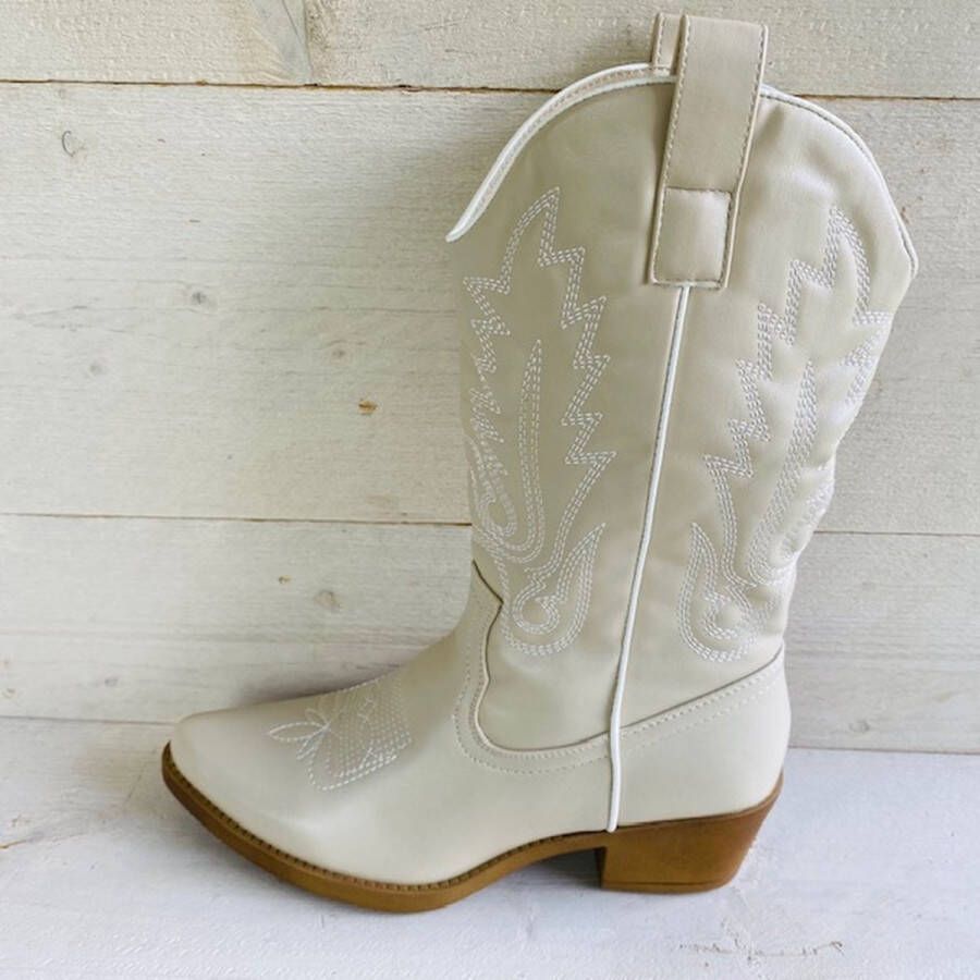 Goedkopeschoenen.com Smile Favorites Dames Cowboylaarzen met Hak Beige Imitatieleer