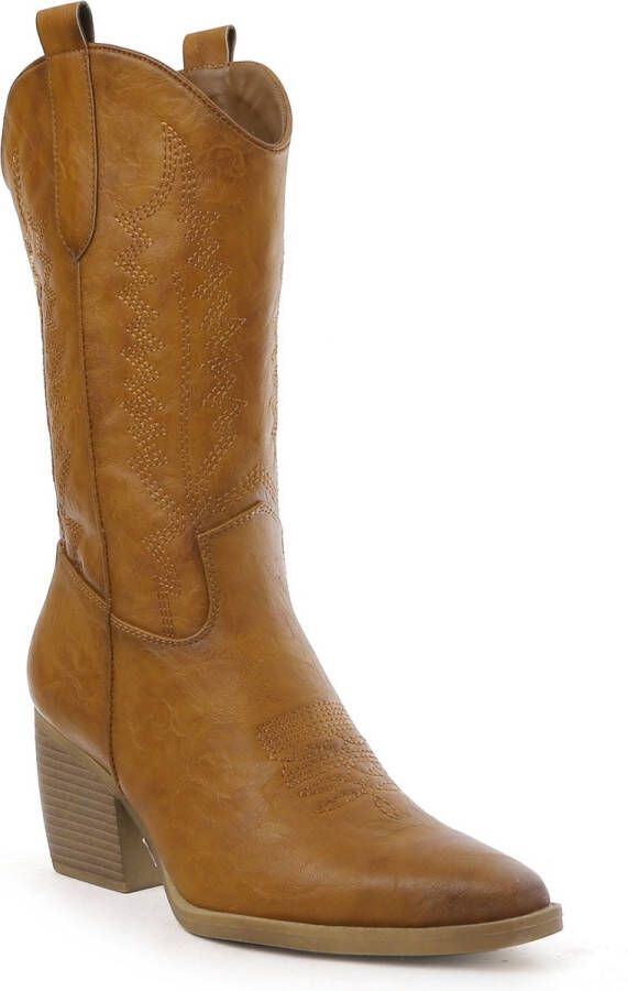 Weloveshoes SmileFavorites Dames Cowboylaarzen met Hak Imitatieleer Camel