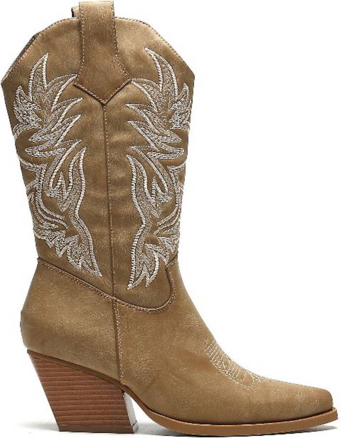 Weloveshoes SmileFavorites Dames Cowboylaarzen met Hak Khaki Imitatieleer
