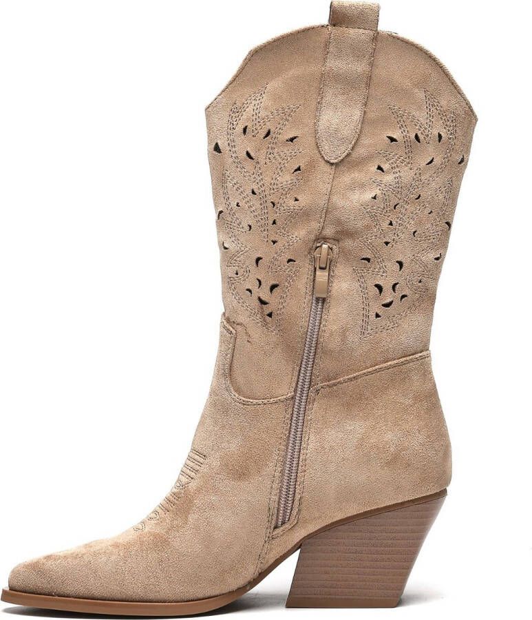 Weloveshoes Black Friday Deal Dames Cowboylaarzen met Hak Suedine Taupe Khaki