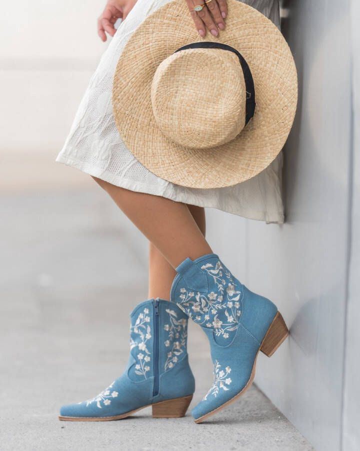 Weloveshoes SmileFavorites Dames Cowboylaarzen met Hak Kort Blauw Stof