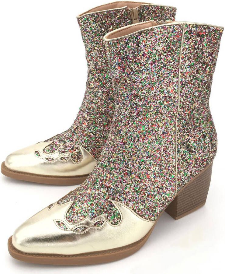 Weloveshoes SmileFavorites Dames Cowboylaarzen met Hak Kort Goud Imitatieleer