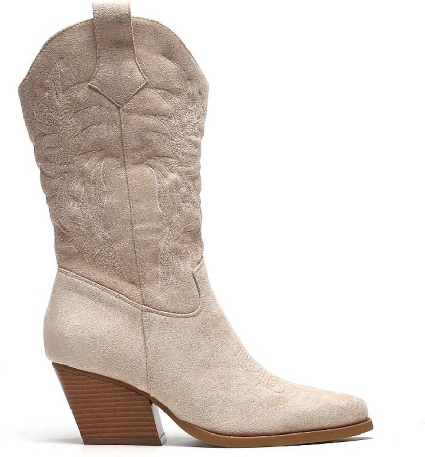 Weloveshoes SmileFavorites Dames Cowboylaarzen met Hak Suedine Beige