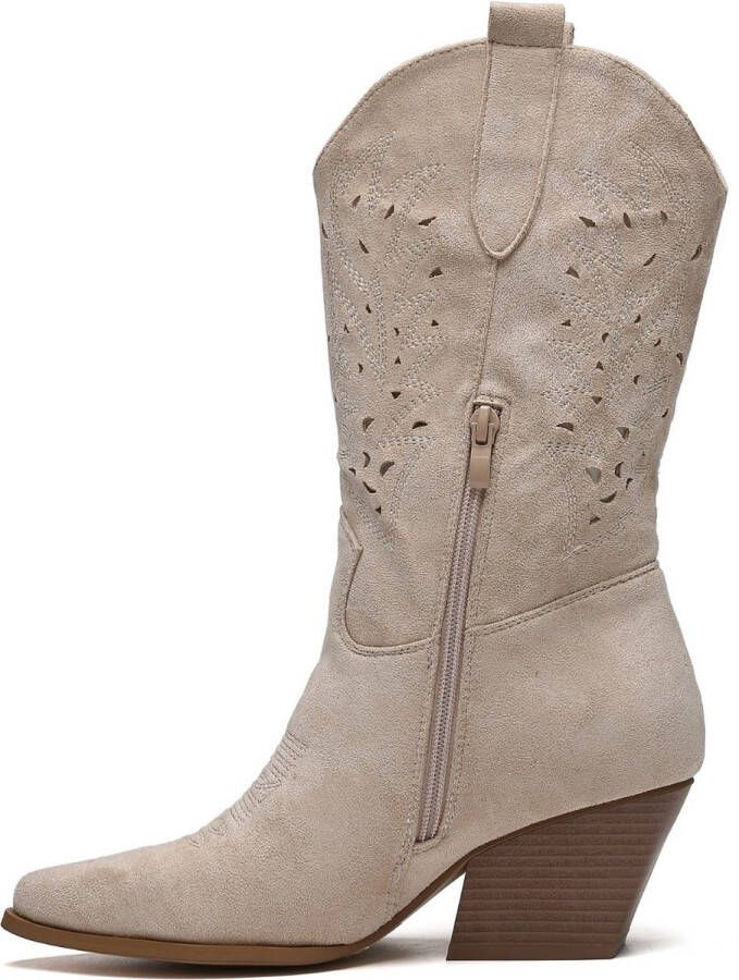 Weloveshoes SmileFavorites Dames Cowboylaarzen met Hak Suedine Beige