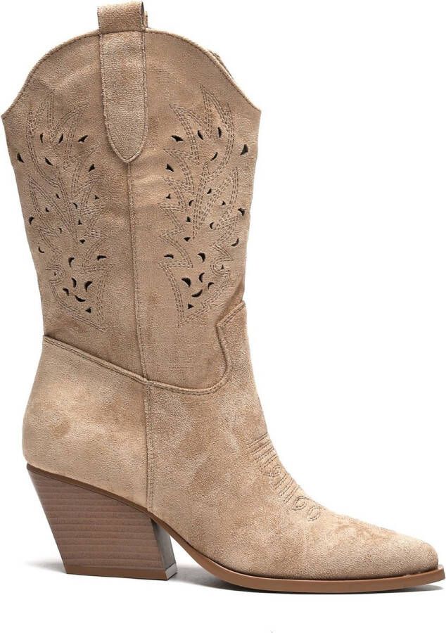 Weloveshoes Black Friday Deal Dames Cowboylaarzen met Hak Suedine Taupe Khaki