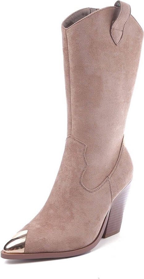 Weloveshoes SmileFavorites Dames Cowboylaarzen met Hak Suedine Taupe Nude