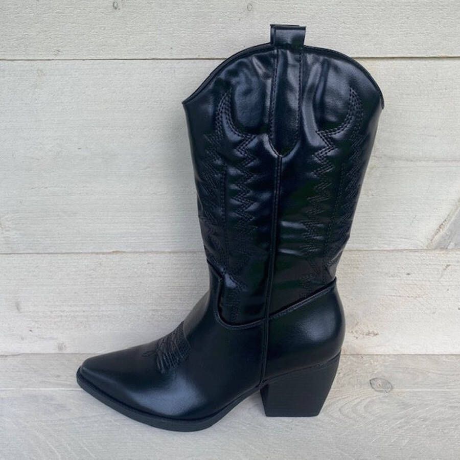 Weloveshoes SmileFavorites Dames Cowboylaarzen met Hak Zwart Imitatieleer