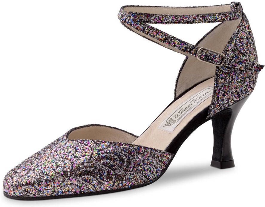 Werner Kern Betty Gesloten dames dansschoenen Puntige neus Stabiele flared hak Suède zool Druksluiting Verstelbare enkelbandjes Luxe feestelijk dansschoenen Ballroom Tango multicolour zilver