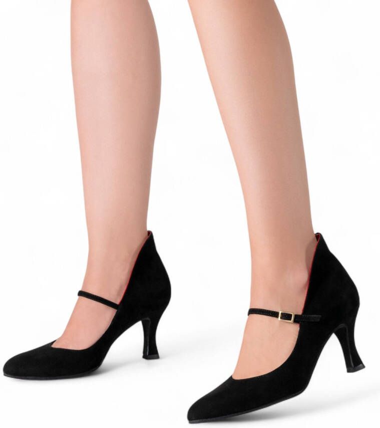 Werner Kern Dames dansschoen Morgana Stijlvolle suède dansschoenen met rode omslagkraag Gesloten model Flexibele suede zool Drukkersluiting Schokdempende hak Tango Latin Bachata Salsa Zwart