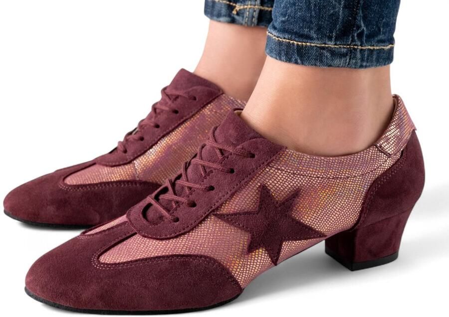 Werner Kern Ariana Dames Trainer Dansschoenen Rood Suède met Goud Leer Blokhak met Schokdemping Flexibele Split Sole Suède zool Salsa Tango West Coast Swing Training Social Dancing Bordo