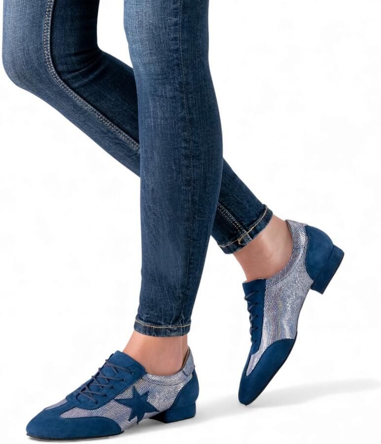 Ariana Trainingsschoen voor dames Blauw Suède Comfortabele Splitzool Sprankelend Accent Schokabsorberende hak Maximale flexibiliteit Hoog draagcomfort Latin Salsa Bachata Social Werner Kern Blauw
