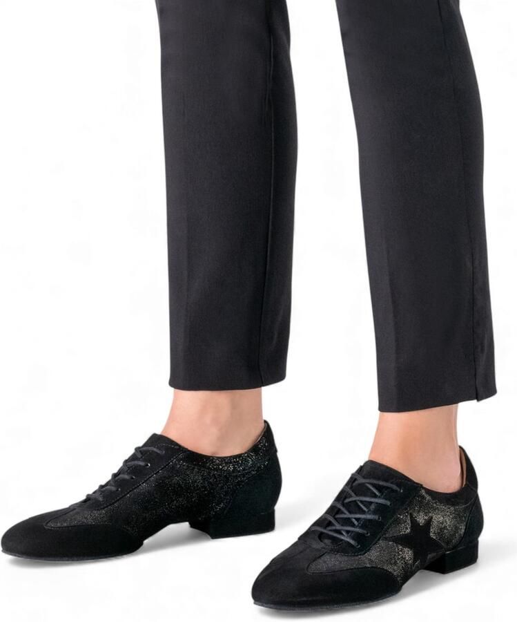 Werner Kern Ariana Zwarte dames Dansschoenen Glanzend zwart fluweel Trainigs dansschonene Gespleten zool Suèdeleer buitenzool Maximale flexibiliteit Teachterschoenen Salsa Bachata Latin Ballroom Zwart