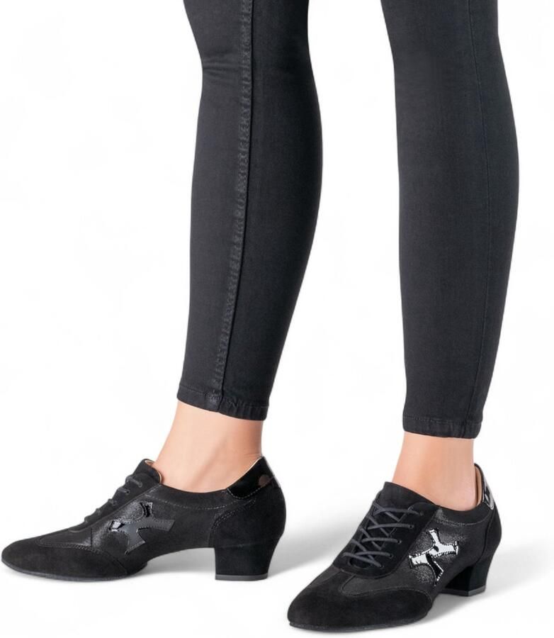 Werner Kern Bruni Trainingsschoen voor dansers Zwart suède Fluweel & lakleer Gesplitste zool Suède buitenzool Comfortabele hak Ademende leren voering Ballroom Social Salsa Zwart