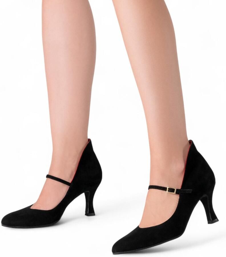 Werner Kern Dames dansschoen Morgana Stijlvolle suède dansschoenen met rode omslagkraag Gesloten model Flexibele suede zool Drukkersluiting Schokdempende hak Tango Latin Bachata Salsa Zwart