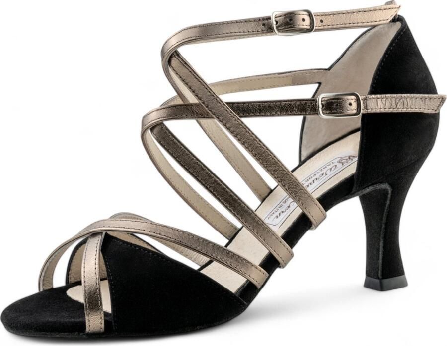 Werner Kern Eva Latin Dames Dansschoenen met Dubbele Kruisbandjes Zachte voetbed Suede zool Hakhoogte Open teen Ballroom Latin Salsa Kizomba Tango Werner Kern Zwart antiek