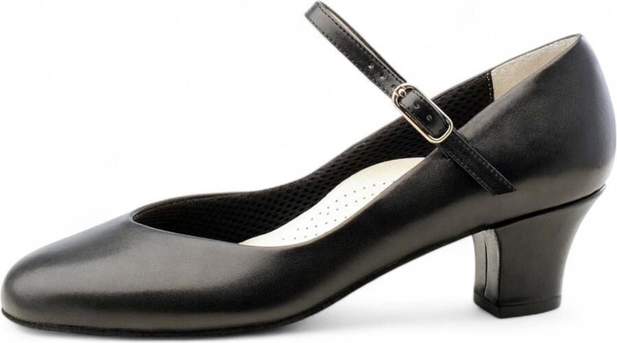 Werner Kern Gina Zwarte Dansschoenen voor Dames met lage hak Suede zool Blokhak Gesloten neus Bandje over de wreef Nikkelvrije drukknoopsluiting Ballrom Social Tango Werner Kern Zwart