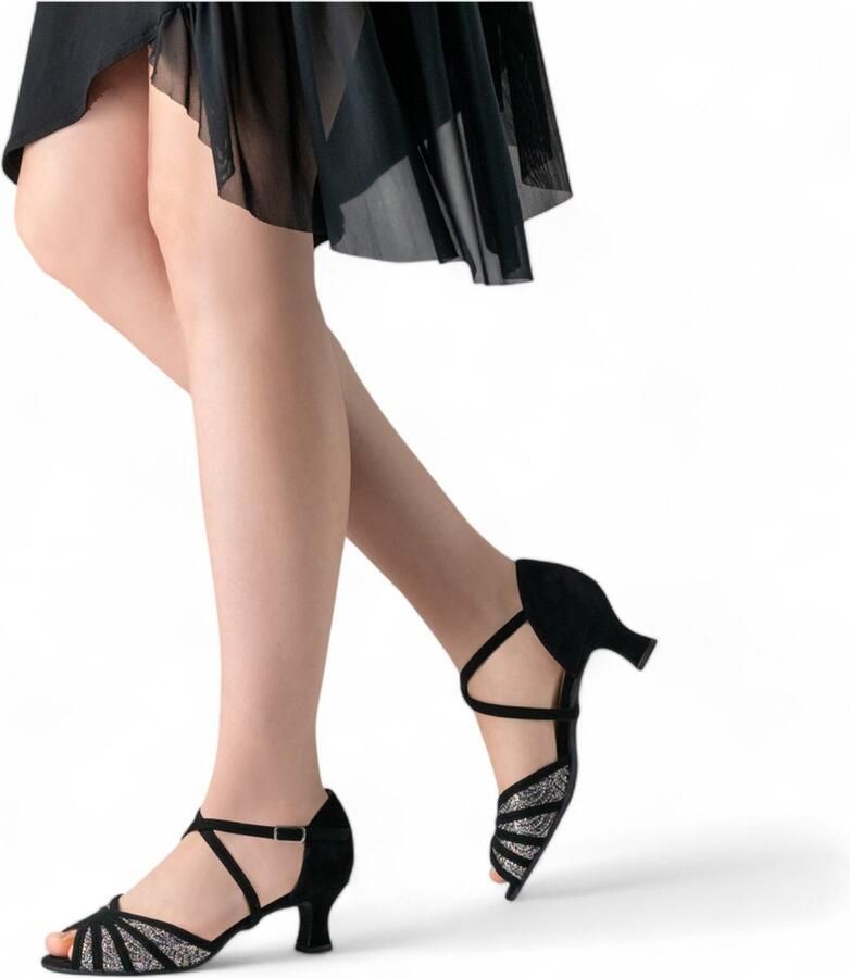 Latin dansschoenen voor Dames Werner Kern Ellie Stabiele en comfortabele hak van Luxe dansschoenen van Suede en glitter materiaal Salsa Bachata Zouk Merengue Werner Kern zwart multicolor