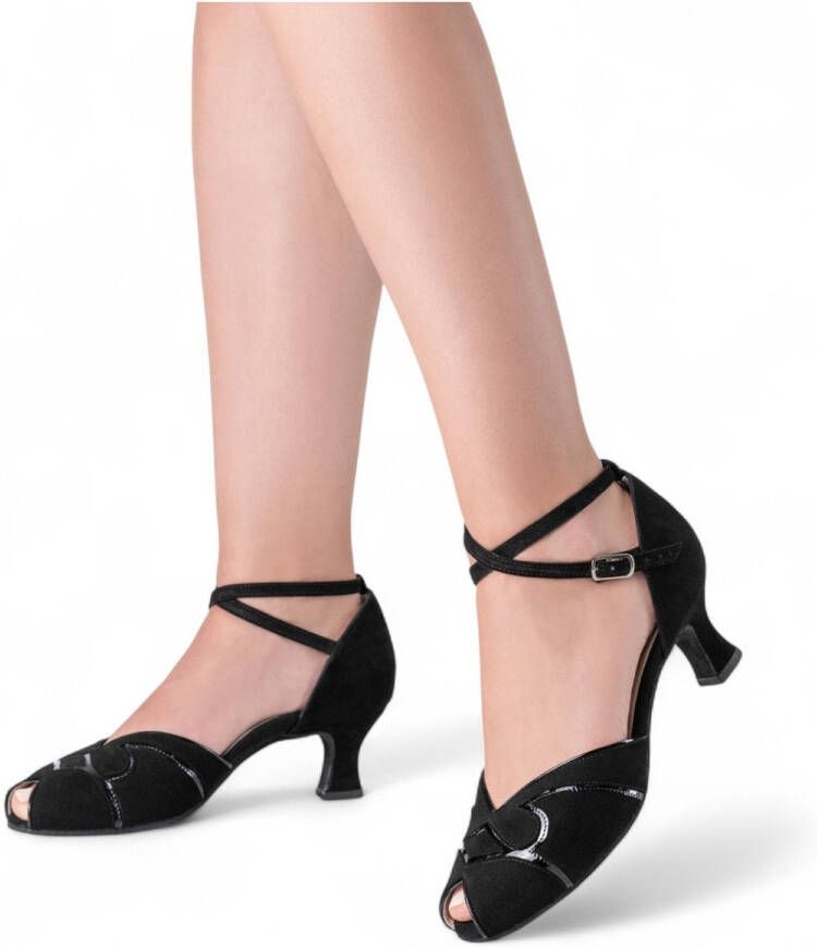 Werner Kern Nellie dames dansschoen Zwarte suède met lakleer Open teen dansschoen Elegante kruisband Comfortabele hak Bredere pasvorm Ademende leren voering Sude zool Salsa Social Ballroom Zwart
