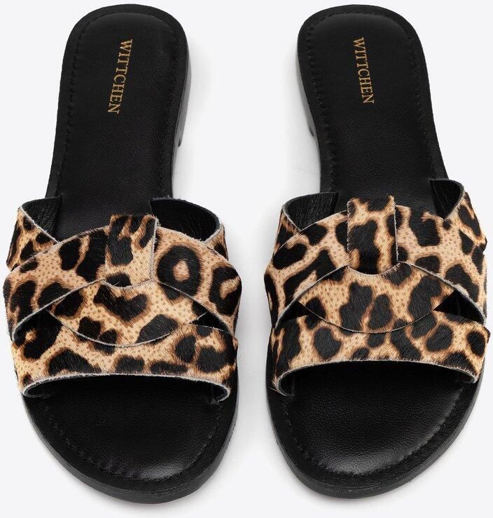 WITTCHEN Dames Teenslippers Dierenprint Leer Zwarte en Bruine Natuurlijke Leer