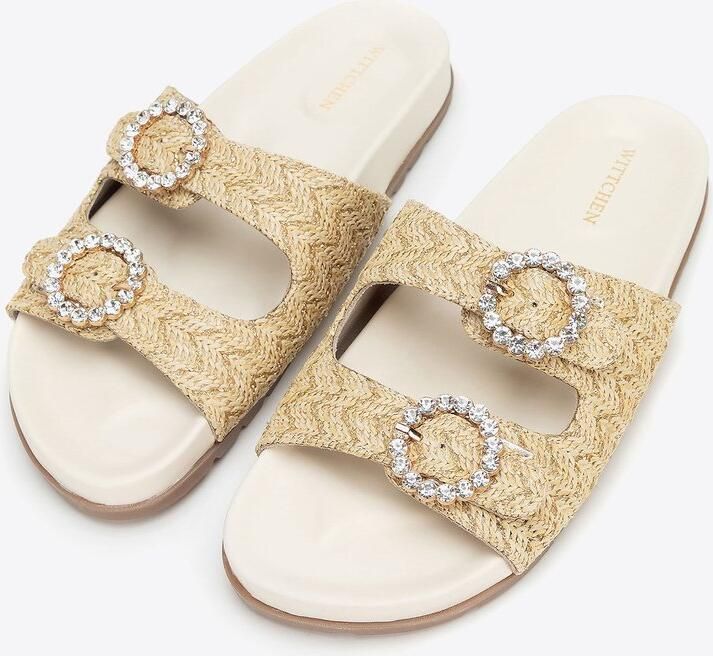 WITTCHEN Dames Raffia Slippers Beige Glanzende Gespen Platform