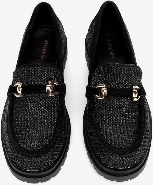 WITTCHEN Raffia en Suède Platform Loafers Zwart Met Decoratieve Gesp Comfortabele Zool