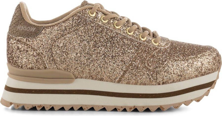 Woden Glinsterende Leren Sneaker met Plateauzool Beige Dames