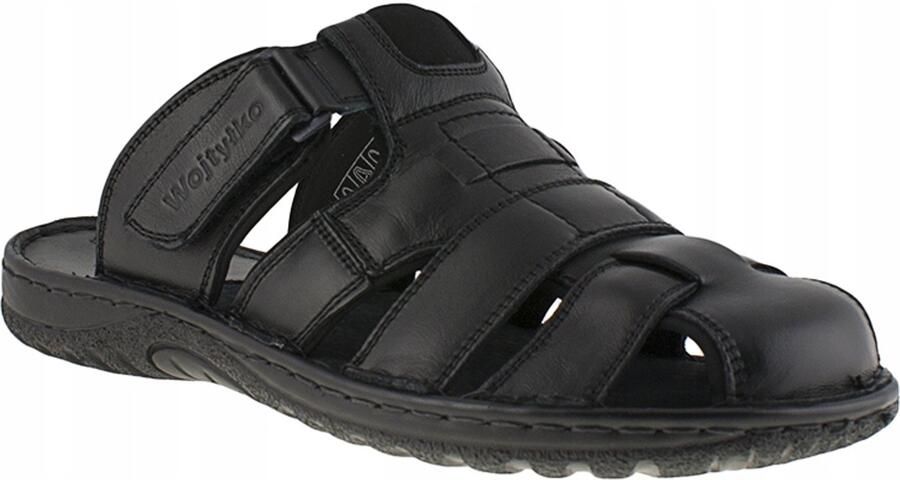 Wojtyłko Herenslippers Leer Zwart Brede Comfortabele Casual