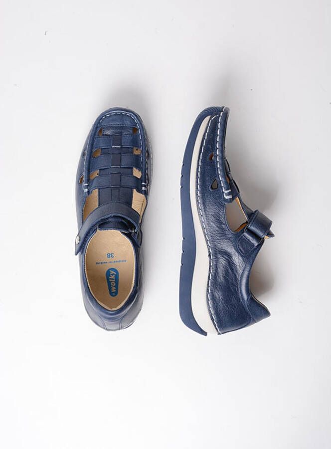 Wolky Blauwe Leren Sandaal met Klittenbandsluiting Blue Dames