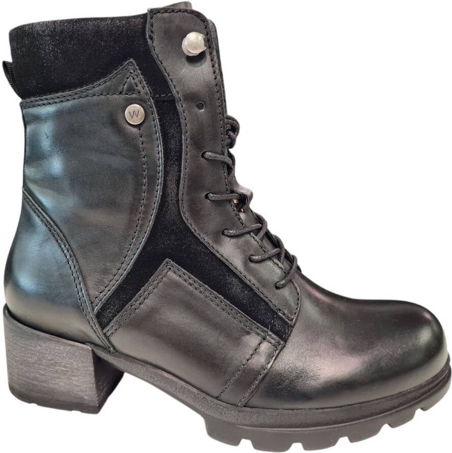 Wolky Zwarte Leren Veterboots Dames Zwart