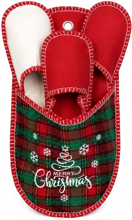 WonderWalk Kerst Gastenpantoffels Set Kerst Pantoffels Gastensloffen Kerstpantoffels Pantoffel Set voor Gasten Vilten Huisslippers in Grote Kerst Opbergslof Rood Groene Kerstdecoratie Kerstversiering