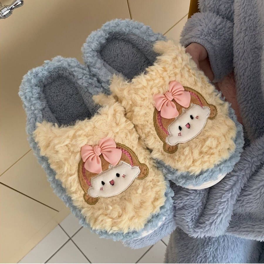 Xixitiao Zachte fluffige Kawaii vrouwen pantoffels lichtblauw en geel cute woman slippers vrouwen sloffen