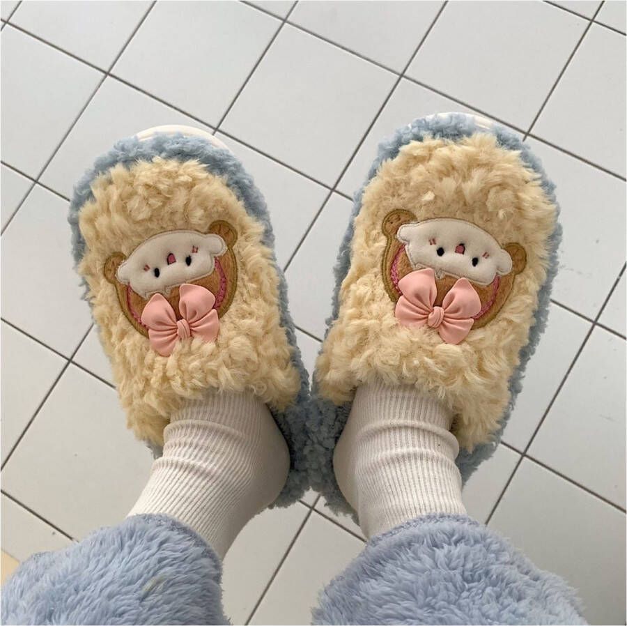 Xixitiao Zachte fluffige dames pantoffels lichtblauw en geel woman slippers vrouwen sloffen - Foto 2