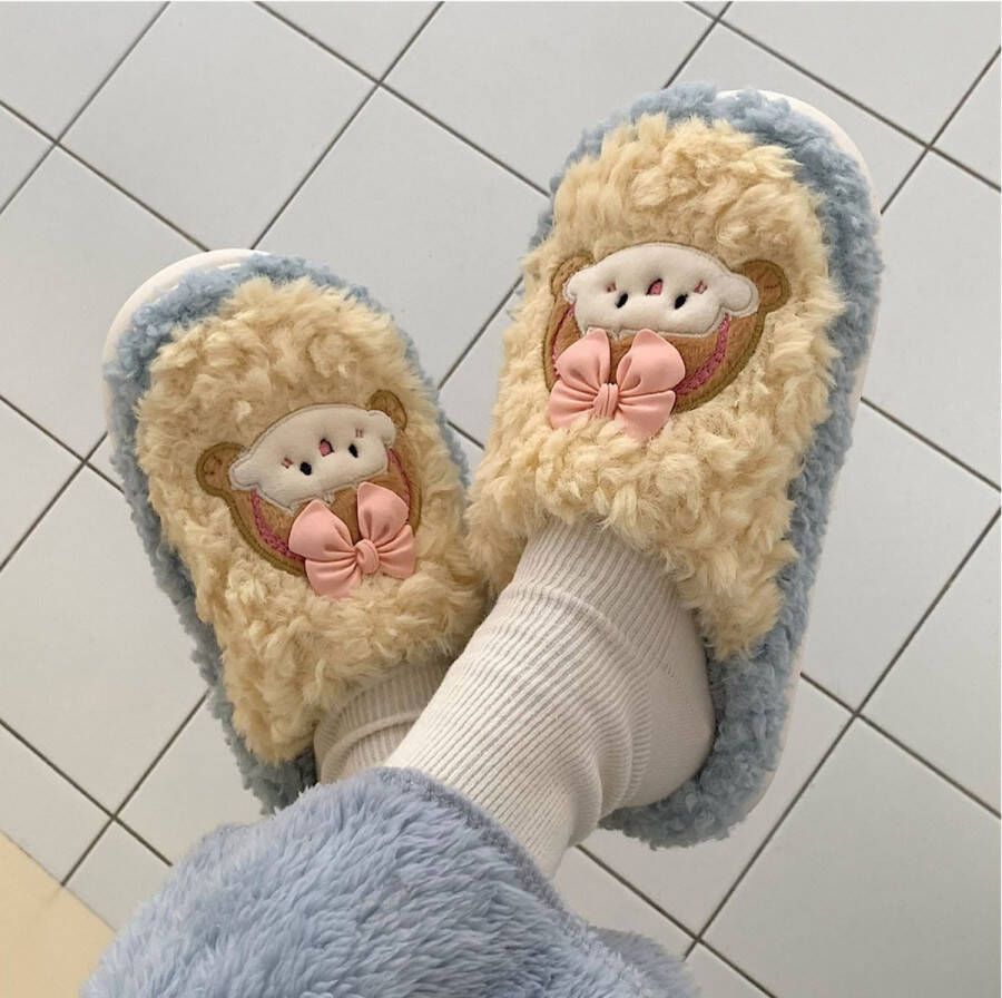 Xixitiao Zachte fluffige dames pantoffels lichtblauw en geel woman slippers vrouwen sloffen - Foto 3