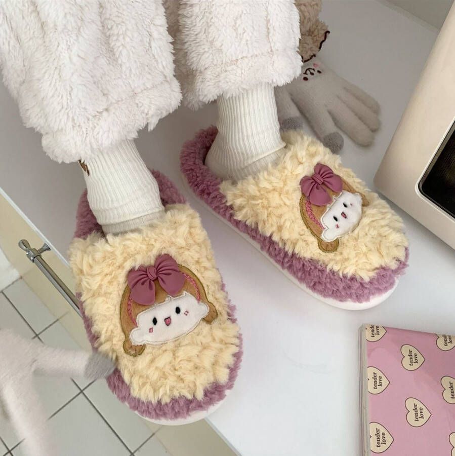 Xixitiao Zachte fluffige dames pantoffels Paars en geel Anti slip Cute woman slippers Schattige vrouwen sloffen