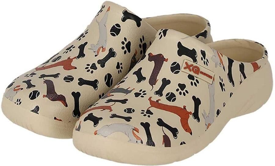 XQ Footwear XQ dames tuinklomp clog garden beige teckel honden print