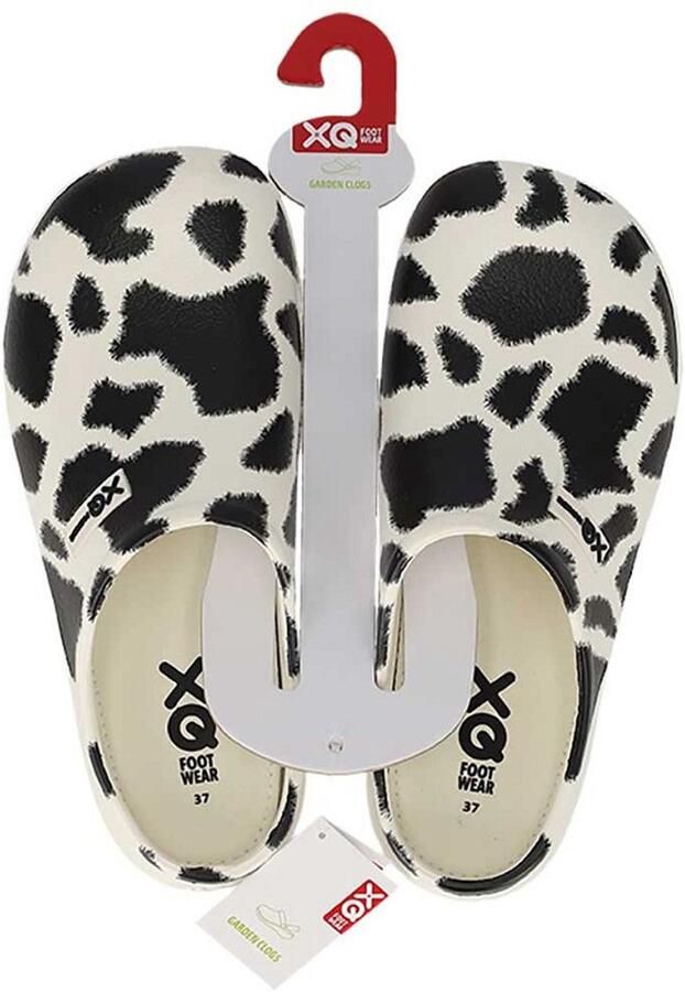 XQ Footwear XQ dames tuinklomp clog garden zwart wit koeien print