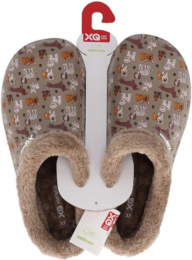 XQ Footwear XQ garden tuinklomp dames met bont bruin dogs