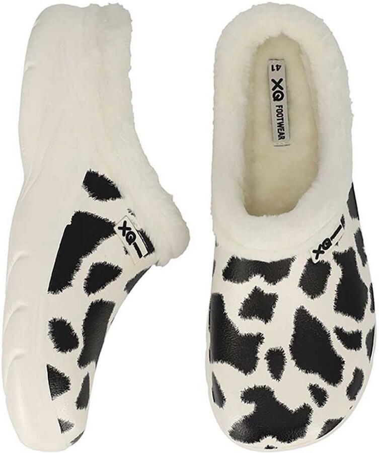 XQ Footwear XQ tuinklompen dames wit zwart koeienprint met bont