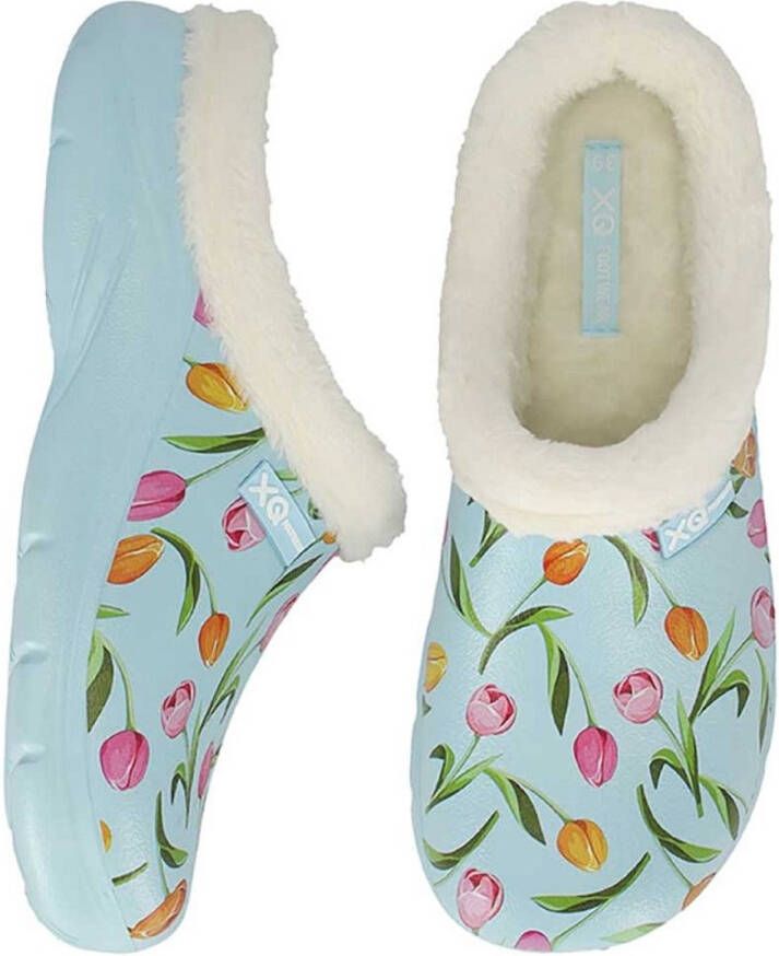 XQ Footwear XQ tuinklompen dames blue tulp print met bont