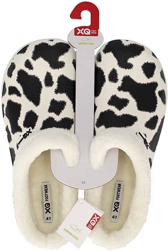 XQ Footwear XQ tuinklompen dames wit zwart koeienprint met bont