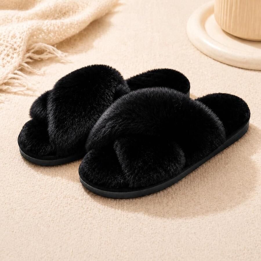 Zachte en Comfortabele Open Teen Huisslippers met Fluffy Kruisband voor Binnen en Buiten Gebruik