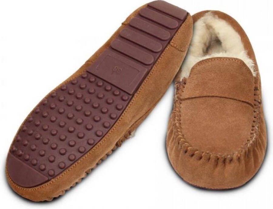 Zenique Pantoffel Mocassin suède bruin gevoerd met echt lamswol