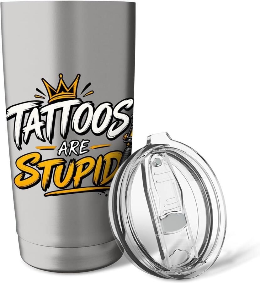 Zijn stom sarcastische inkt verslaafde tattoo grappige tekst dubbelwandige RVS thermosbeker