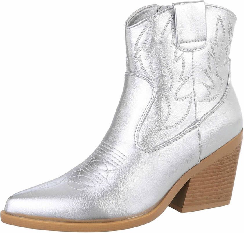 ZoeZo Design cowboylaarzen nieuwe collectie voorjaar zomer enkel laarzen western laarzen kunstleder met rits hakhoogte zilver