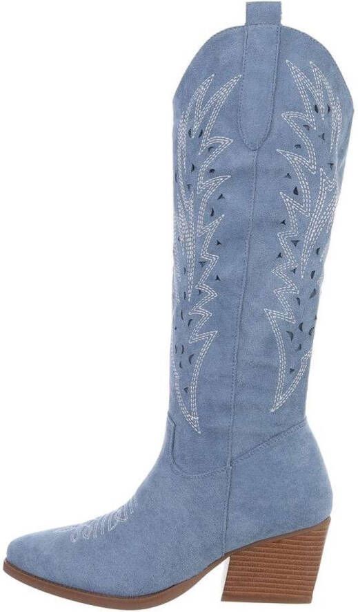 ZoeZo Design cowboylaarzen nieuwe collectie voorjaar zomer lange laarzen western laarzen suedine met rits hakhoogte licht blauw opengewerkte bovenzijde Boho Ibiza