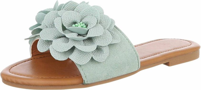 ZoeZo Design damesslippers zomerslippers strandslippers slippers PU stof groen mint met bloem