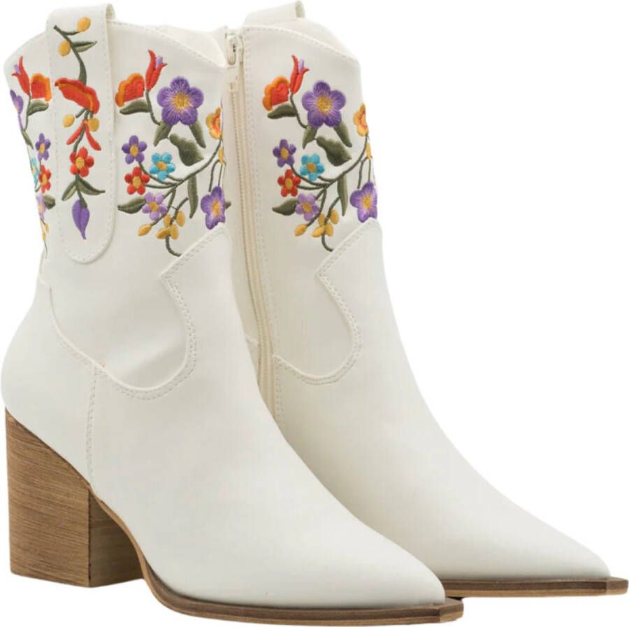 ZoeZo Design Laarzen Western laarzen met hak Cowboylaarzen Wit Biker Bloemen Bloem Half hoog Met rits Kuitlaarzen Leerlook Cowboy laars