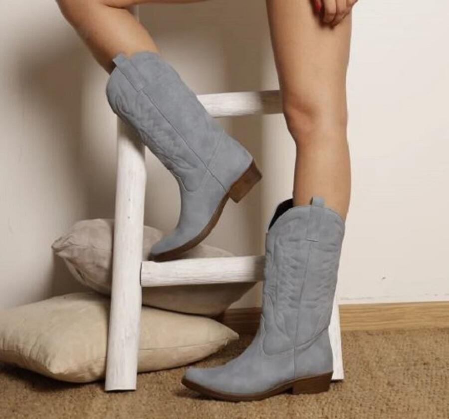 ZoeZo Design dameslaarzen laarzen cowboylaarzen instapmodel blauw suedine hakhoogte