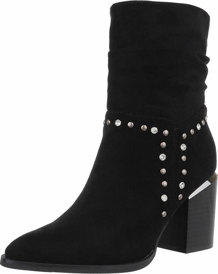 ZoeZo Design half hoge laarzen suedine met bling en studs hakhoogte iets geplooide bovenzijde- ritssluiting aan de binnenzijde zwart