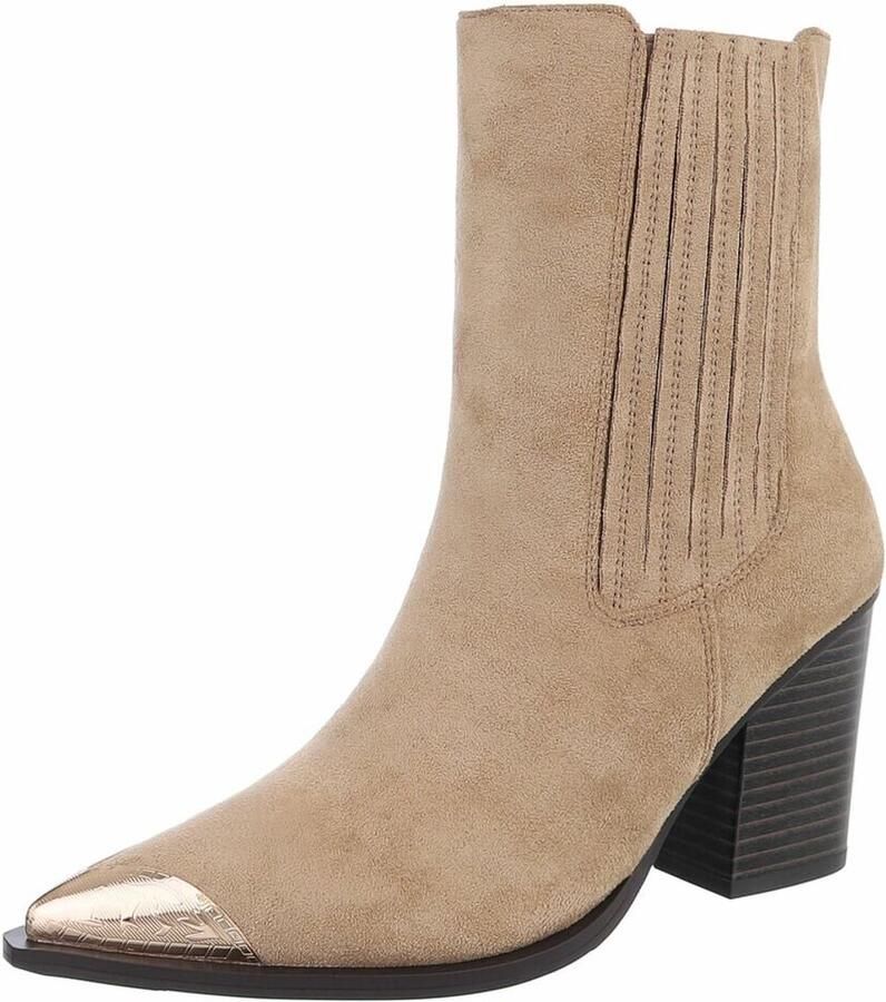 ZoeZo Design laarzen cowboylaarzen westernlaarzen enkellaarzen beige suedine met rits hakhoogte met gouden neusje